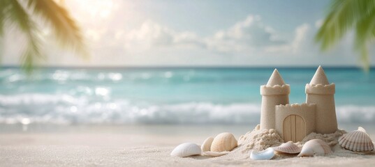 Sand castle on a beach with shells and turquoise water in the background during sunset