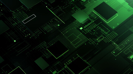 Fototapeta premium A captivating digital abstract design featuring a network of green geometric shapes and lines on a dark background. It is perfect for technology themes, digital interfaces, or futuristic concepts. 