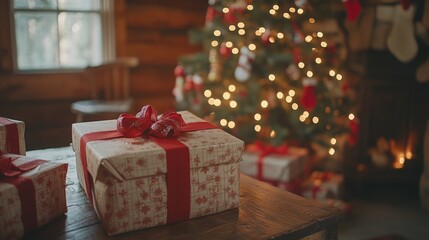 Cozy Christmas Scene with Decorated Tree, Wrapped Gifts, and Warm Cabin Lighting. Festive Atmosphere with Intricate Details of Gift Boxes and Twinkling Lights.