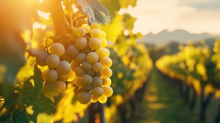 Ripe white grapes on vine at sunset.