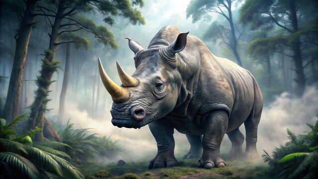 giant horned rhinoceros stands fiercely in misty prehistoric forest, surrounded by lush greenery and towering trees, evoking sense of ancient majesty and power
