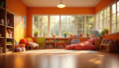 An empty wooden floor against a fuzzy background of a orange kindergarten or child's room. An empty wooden table. Wood desck. Blurred background. Orange children's room with large window. Bg colorful