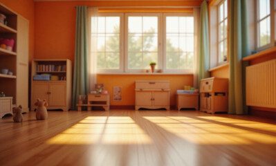 An empty wooden floor against a fuzzy background of a orange kindergarten or child's room. An empty wooden table. Wood desck. Blurred background. Orange children's room with large window. Bg colorful