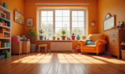 An empty wooden floor against a fuzzy background of a orange kindergarten or child's room. An empty wooden table. Wood desck. Blurred background. Orange children's room with large window. Bg colorful