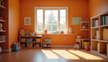 An empty wooden floor against a fuzzy background of a orange kindergarten or child's room. An empty wooden table. Wood desck. Blurred background. Orange children's room with large window. Bg colorful