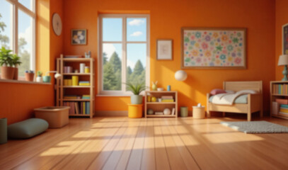 An empty wooden floor against a fuzzy background of a orange kindergarten or child's room. An empty wooden table. Wood desck. Blurred background. Orange children's room with large window. Bg colorful