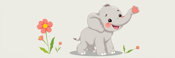 Adorable baby elephant with flower in trunk, playful, wildlife, nature, happy, joyful, vector illustration, baby, playful