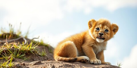 Fototapeta premium Adorable baby lion cub sitting on fluffy cloud in the sky, wild, sky