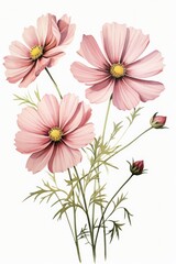 Delicate pink cosmos flowers blooming in a serene garden setting during springtime