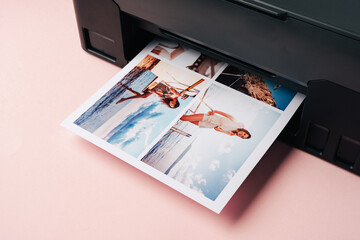 Modern laser printer printing color photos of women close up