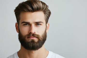 Obraz premium Young man with stylish haircut and beard in casual white shirt posing against neutral background