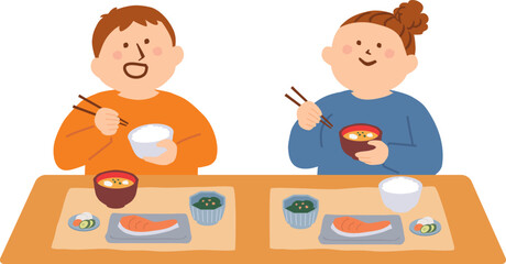 一緒に食事をする夫婦のイラスト