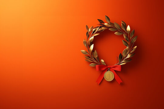 Victory Laurel and Medal Set Against Radiant Orange Backdrop