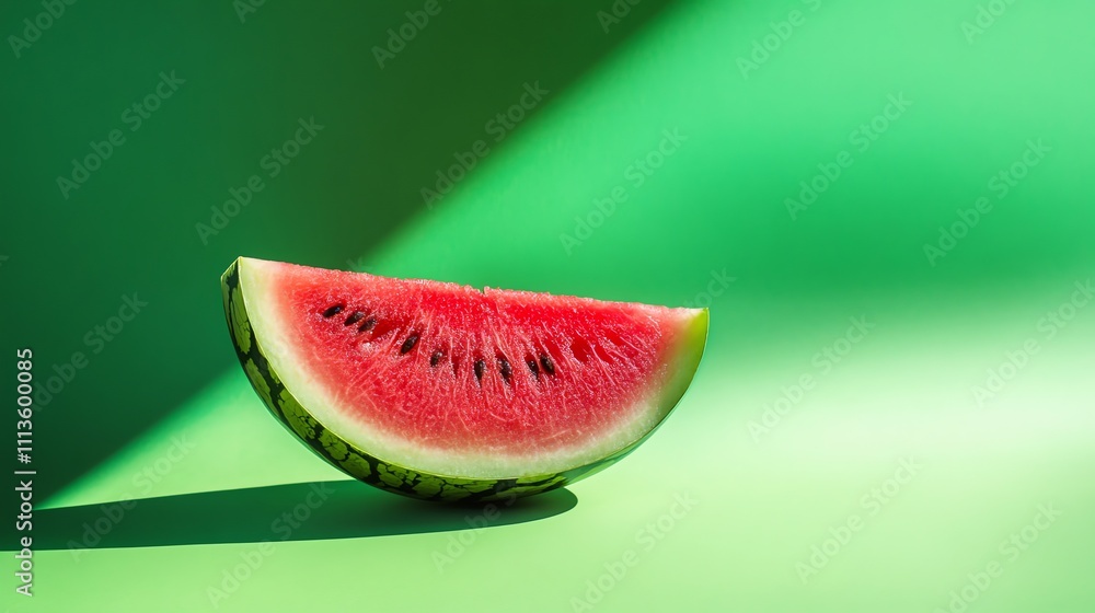 Poster a slice of watermelon sits on a green background with a beam of light shining down on it.