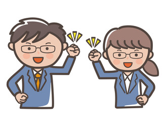 ガッツポーズでやる気満々のメガネ男子とメガネ女子のビジネスマンのイラスト