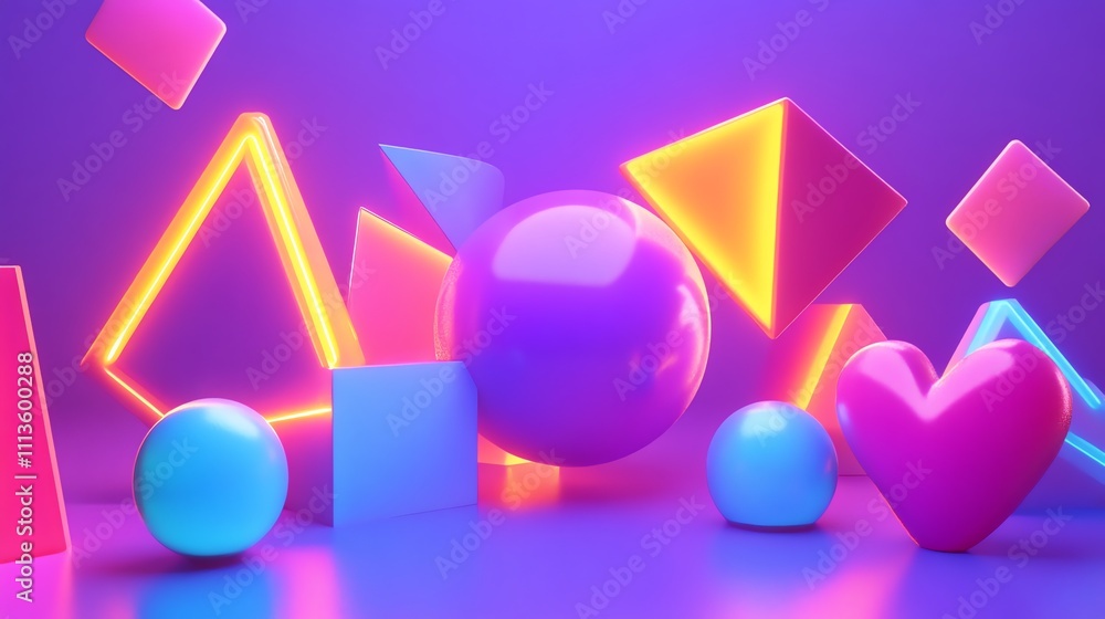 Poster abstract 3d background with neon shapes and glowing spheres.