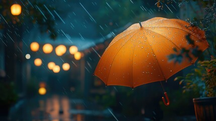 A vibrant orange umbrella shelters from rain in a softly lit street adorned with lanterns.