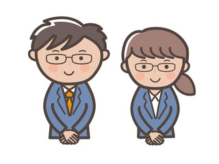 接客ポーズでお迎えするメガネ男子とメガネ女子のビジネスマンのイラスト