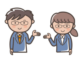 説明（案内、紹介）をするメガネ男子とメガネ女子のビジネスマンのイラスト