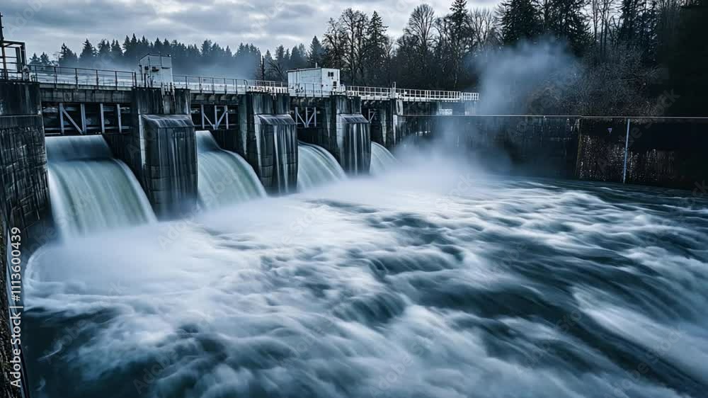 Wall mural A long-exposure photograph of a hydroelectric dam, capturing water rushing through the sluice gate and showcasing the power of renewable energy generation.