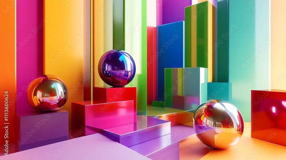 Poster a colorful abstract scene with shiny spheres and geometric shapes.