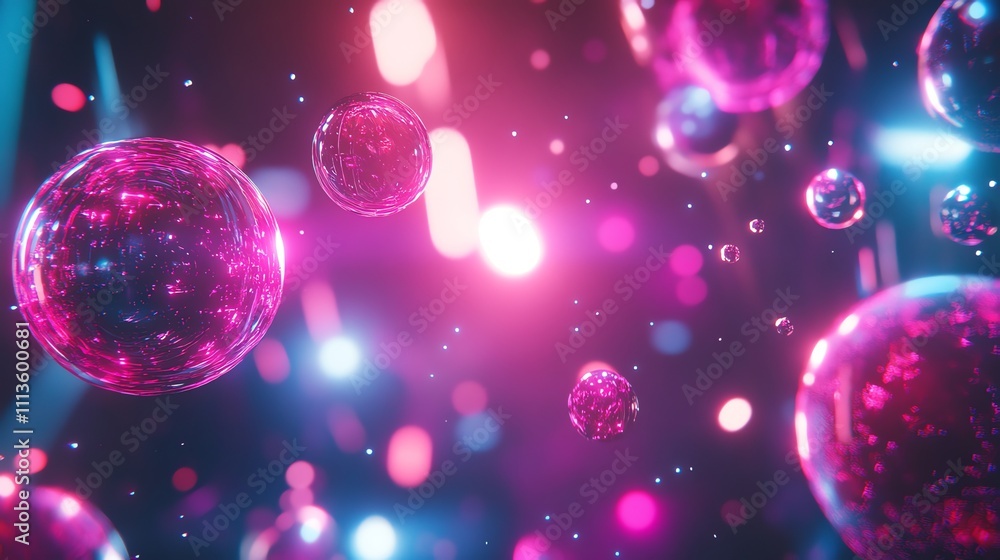 Poster abstract neon background with glowing orbs and bokeh.