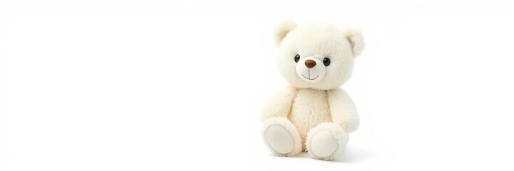 Obraz premium Adorable little bear plush sitting on fluffy white cloud, with dreamy expression, fluffy, white