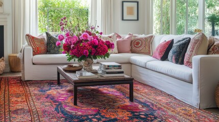 Cozy modern living room with floral arrangements and vibrant decor elements