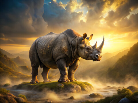 gigantic, horned baluchitherium stands proudly on misty prehistoric landscape, bathed in golden sunlight, surrounded by dramatic clouds and lush hills