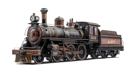 Naklejka premium A majestic steam locomotive, adorned with intricate details, journeys through lush green landscapes. The sun casts warm light as it evokes nostalgia and adventure on its route