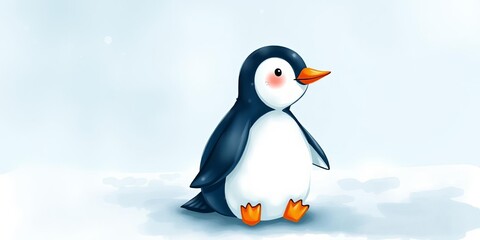 Obraz premium Adorable penguin with fluffy feathers and big eyes painted in watercolor, wildlife, artistic