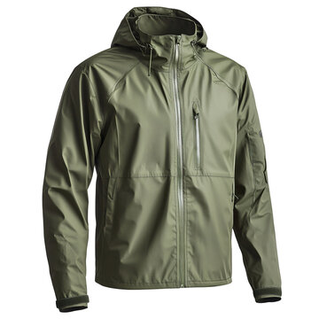 Men's green rain jacket isolated on white & transparent a background.