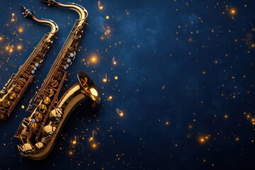 Two golden saxophones on a dark blue background with golden sparkles, perfect for jazz music...