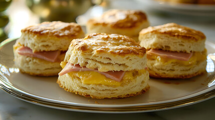 Fluffy biscuits filled with ham and cheese, perfect for breakfast or brunch. These savory treats are golden brown and delicious, ideal for any gathering