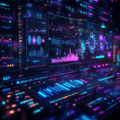 Obraz premium **A futuristic data visualization concept, glowing holographic graphs and charts floating in a dark room, vibrant blue and purple tones, high-tech and minimalistic design, sharp and detailed elements,