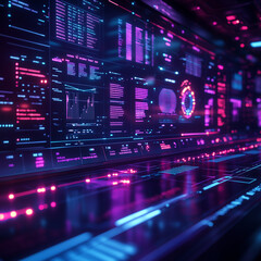 Fototapeta premium A futuristic data visualization concept, glowing holographic graphs and charts floating in a dark room, vibrant blue and purple tones, high-tech and minimalistic design, sharp and detailed elements,