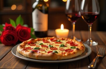 Romantic Valentine's Day dinner in an Italian restaurant, candles, wine, delicious pizza. Valentine's Day concept, declaration of love over dinner