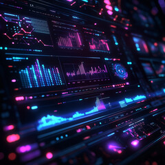 Fototapeta premium **A futuristic data visualization concept, glowing holographic graphs and charts floating in a dark room, vibrant blue and purple tones, high-tech and minimalistic design, sharp and detailed elements,