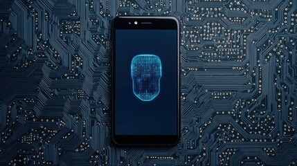 Mobile payment and authentication, A smartphone displays a digital face recognition graphic against a circuit board background, symbolizing technology and security.
