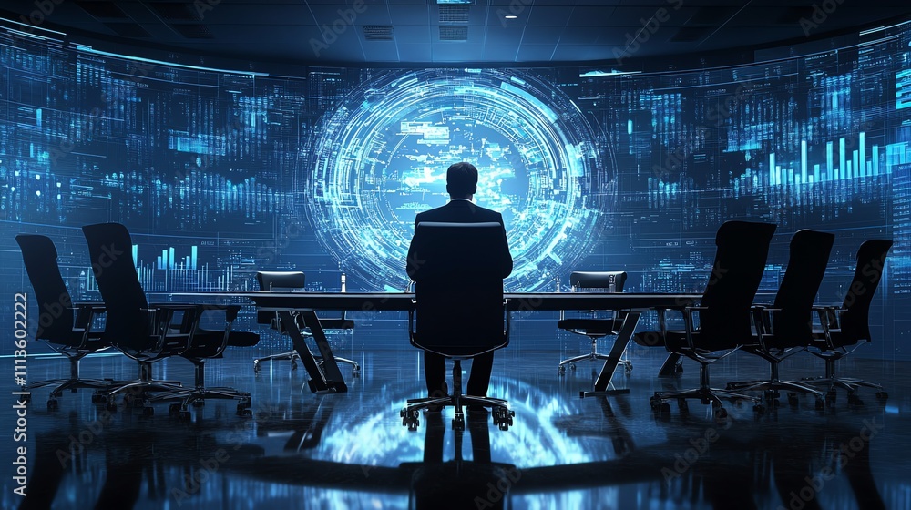Poster a lone businessman sits in a conference room facing a large screen displaying complex data and graph