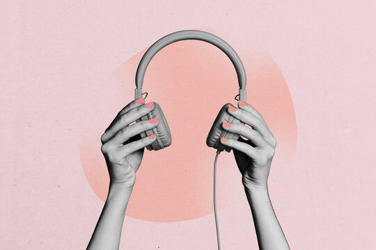 Composite photo collage of hands hold headphones audio playlist radio track entertainment hobby melody isolated on painted background
