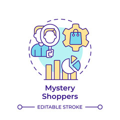 Mystery shoppers multi color concept icon. Customer service, shopping. Statistics, commerce. Round shape line illustration. Abstract idea. Graphic design. Easy to use in infographic, presentation