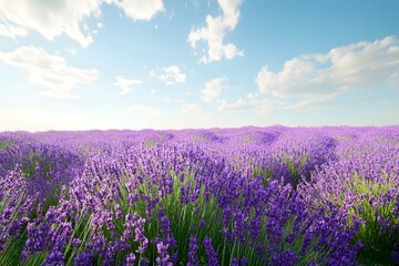 A vibrant field of blooming lavender under a blue sky.