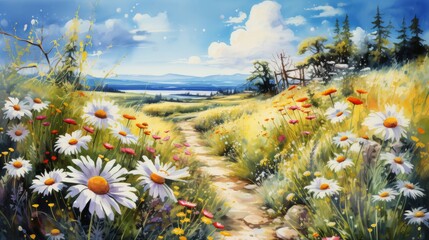 Fototapeta premium Vibrant wildflowers bloom under a bright sky in a serene countryside landscape