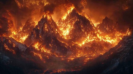 Towering firestorm engulfs mountain landscape amid raging flames and smoke