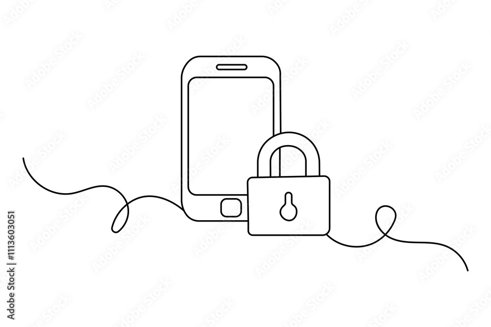 Poster lock continuous one line drawing of isolated outline vector design black and white background