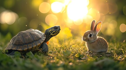 A turtle and a rabbit meet in a grassy meadow at sunset.
