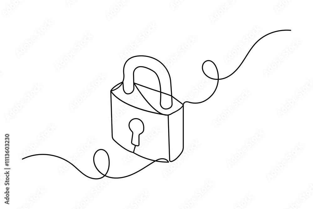 Poster lock continuous one line drawing of isolated outline vector design black and white background