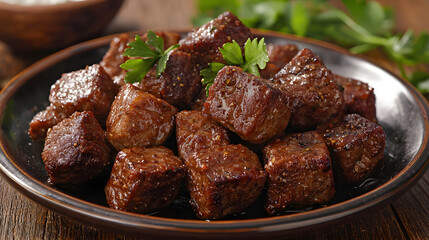 Deliciously cooked skewered meat cubes, golden brown and juicy, garnished with fresh herbs, perfect for savory meal or snack