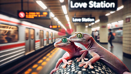 Two gecko lizards in love on the subway. An illustration for Valentine's Day. Love is everywhere, love for everyone. 